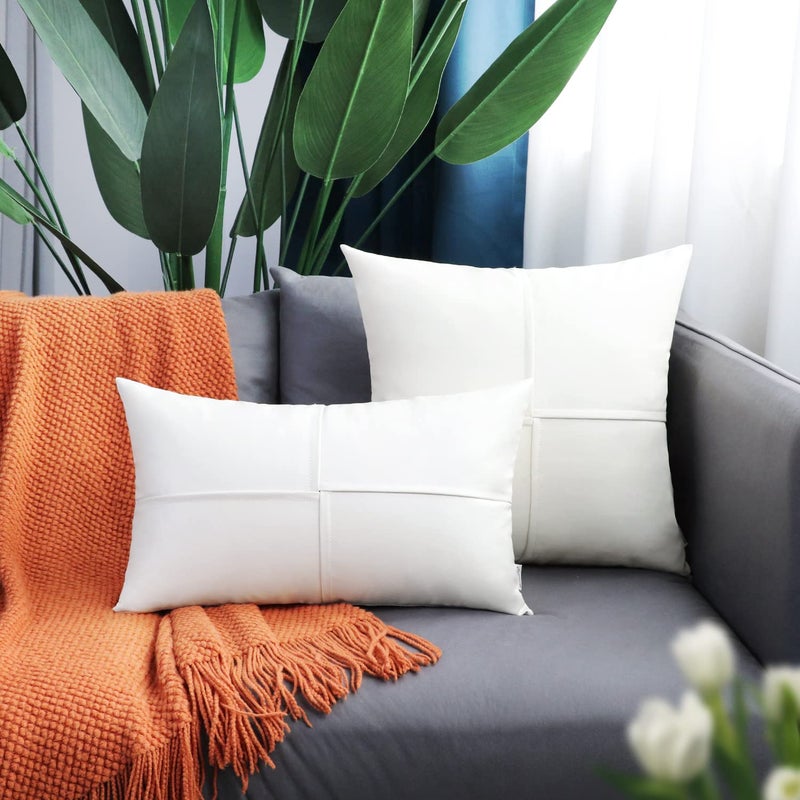 BRAWARM Faux Leather Throw Pillow Covers 16 X 16 Inches, White Leather Pillow Covers Pack of 2, Hand Stitched Leather Decorative Throw Pillows for Couch Sofa Bed Living Room Home Garden - Image 3